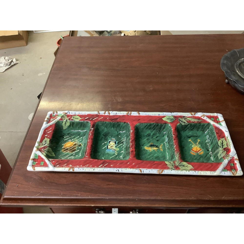 Lodge Trout Fishing Christmas Divided Tray Cabin Birch Trim Lantern Creel Holly